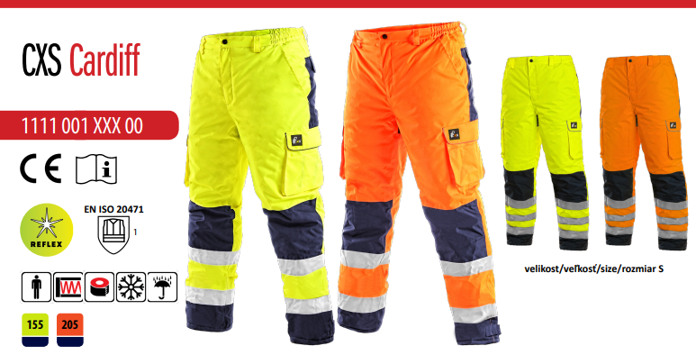 zateplené výstražné montérkové nohavice do pása cxs cardiff, žlté